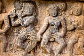 The great Chola temples of Tamil Nadu - The Airavatesvara temple of Darasuram. Detail of the panels of the prakara-wall with scenes of dance. 